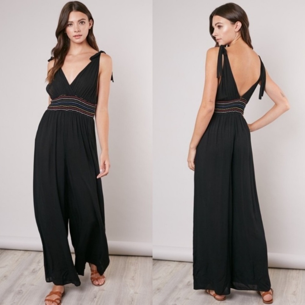 Black Tie Strap Smocked Jumpsuit